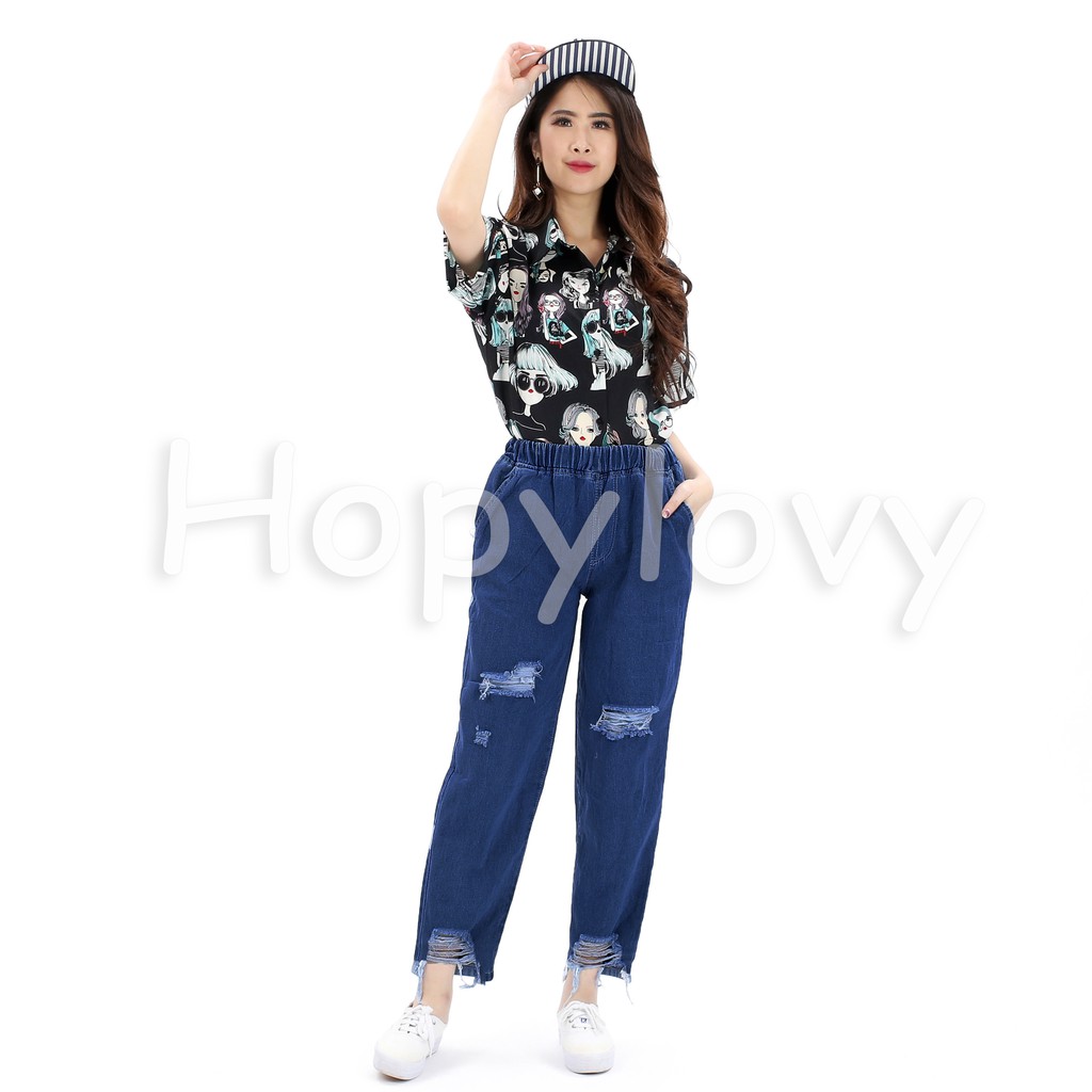 HOPYLOVY - Celana Boyfriend Jeans Wanita Pinggang Karet Sobek Ripped BF Charlie