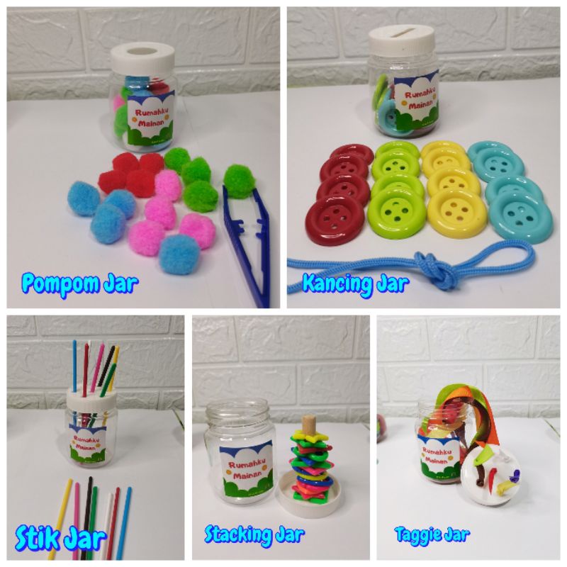 MAINAN MONTESSORI SENSORY BUSY JAR MAINAN EDUKASI ANAK POMPOM PUSH STICK JAR TAGGIE JAR BUTTON PUSH