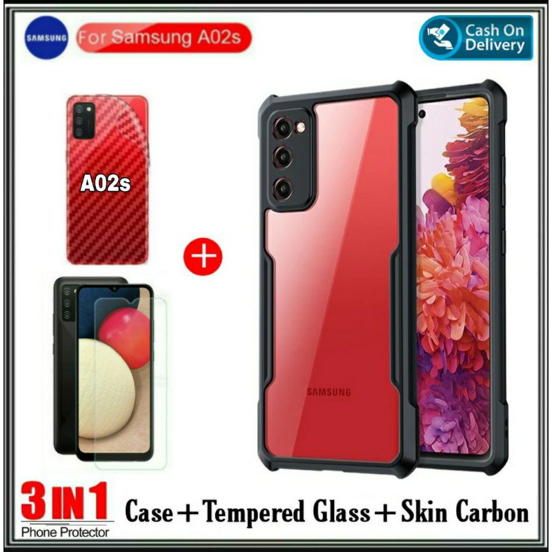 Promo 3in1 Case Samsung A02s Hard Soft Fusion Armor Shockprooft TPU HD Trasnparan Acrylic Casing HP Cover &amp; Tempered Glass + Garskin Carbon Samsung Galaxy A02s DI ROMAN ACC