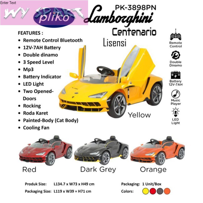 MOBIL AKI MAINAN ANAK LAMBORGHINI CENTENARIO PLIKO PK-3898PN FREE_ONGKIR_JAWA