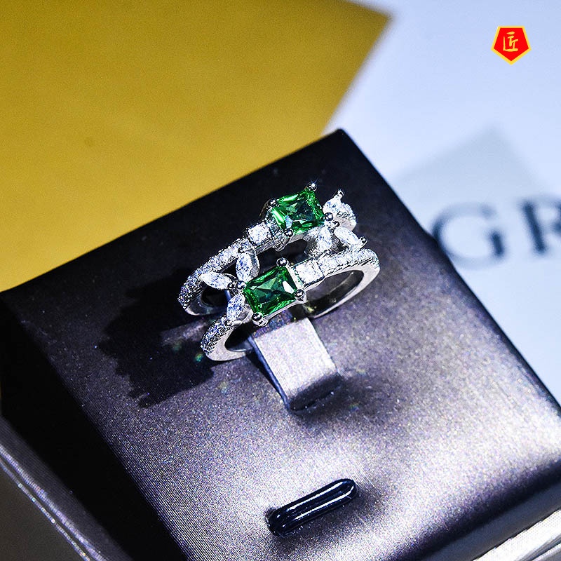 [Ready Stock]Inlaid Emerald Cross Winding Open Ring