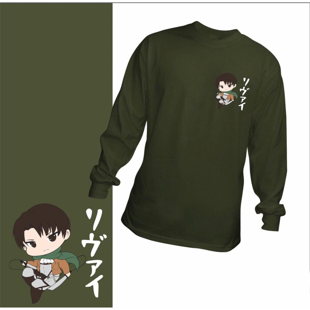 Longsleeve distro Levi Chibi Green Attack on Titan cotton combed 24s Anime SNK