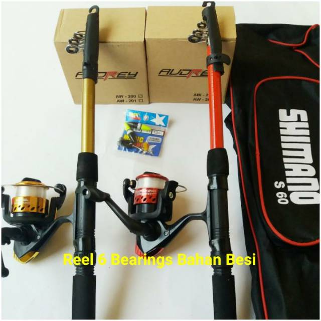 2 Set Pancing 6 bearings spool besi + joran antena 1,50 cm + tas Kekuatan 6 Kg