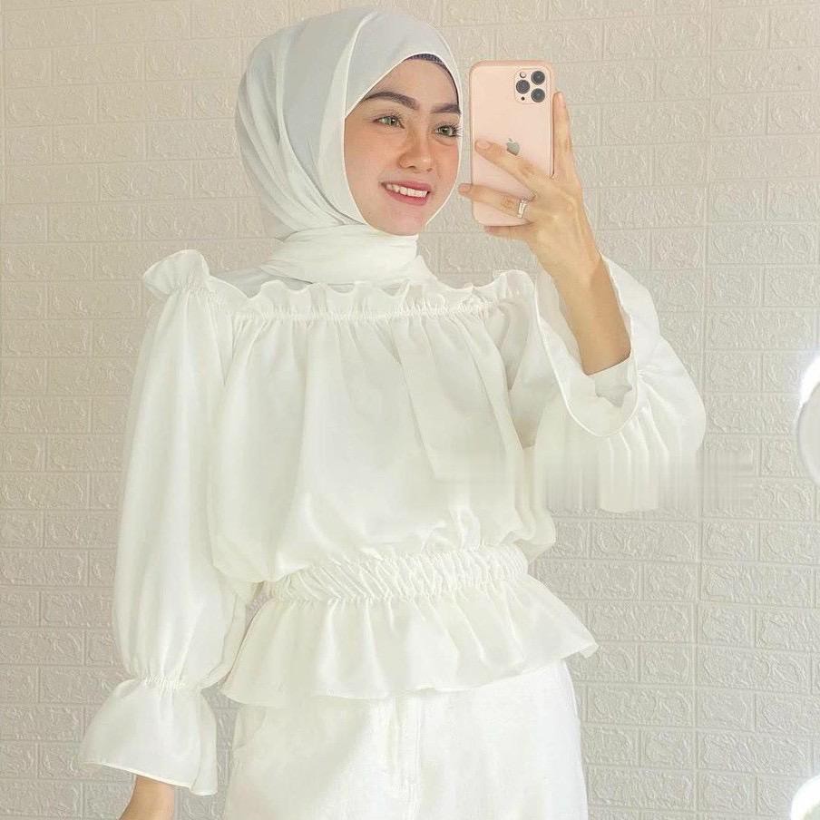 MIRABEL TOP BLOUSE OFF SHOULDER CINO CROPTY TOP SABRINA HITS SELEBGRAM FASHION WANITA