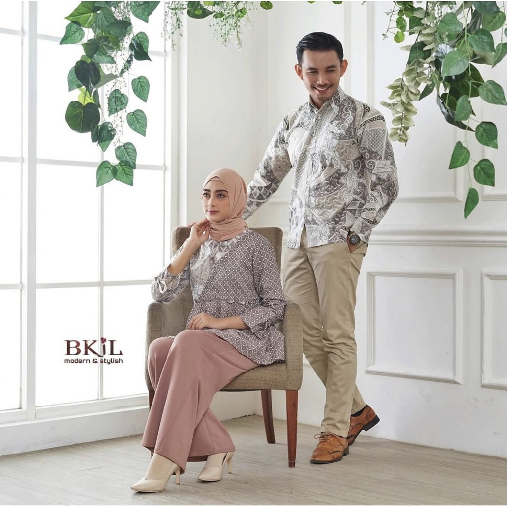 Couple Blus Sekar Gading Coklat Mega Mendung Soft Batik Atasan Batik Kerja Kantor Pesta Muslim