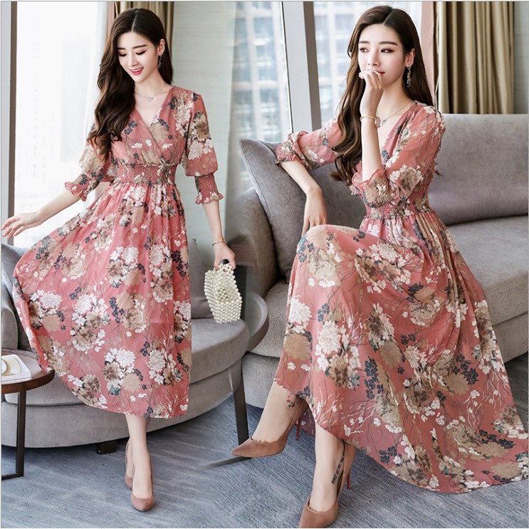 BAGUS BERKUALITAS MERAH PUTIH KUNING ANAK || Dress Mini Sifon Longgar V-Neck Lengan Panjang Motif