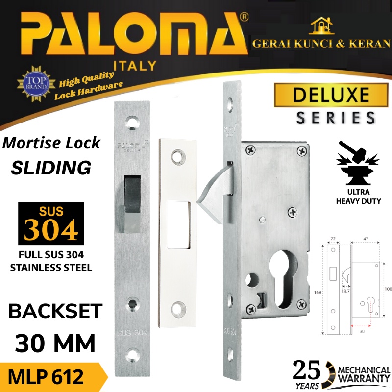 PALOMA BODY KUNCI MORTISE LOCK SLIDING  MLP 612 DELUXE SLIDING 30MM STAINLESS STEEL SUS 304