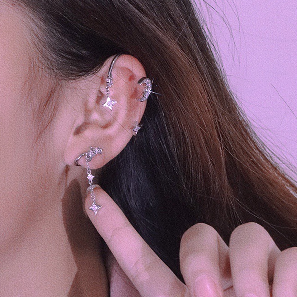 Hu Hu Hu Hu Hu Alat Bantu Pasang Kacamata♡ 1pc Anting Tusuk Gantung Bahan Alloy Desain Bulanbintang Electroplating Untuk Wanita