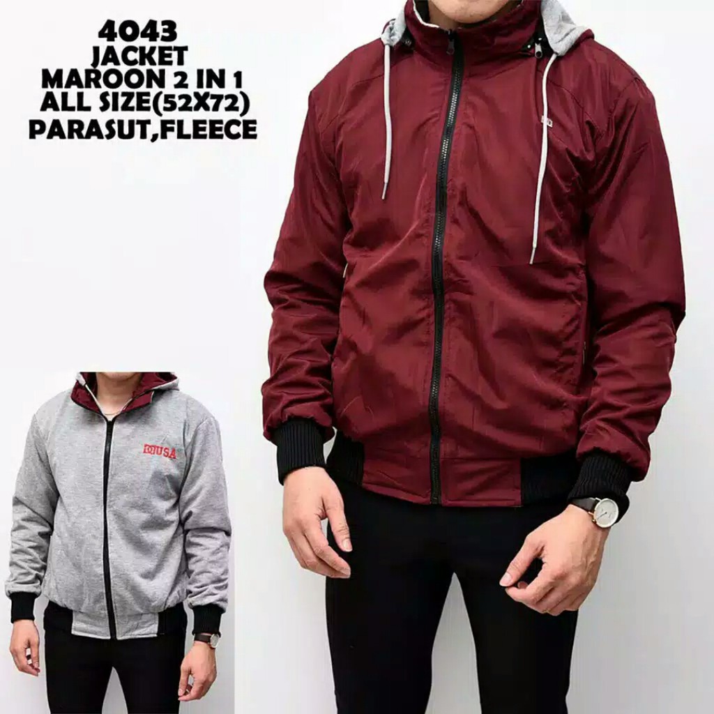 JAKET BOLAK BALIK 2IN1 JAKET MOTOR JAKET BB JAKET PARASUT JAKET PRIA WANITA JAKET DISTRO PRIA WANITA-DC MARUN - ABU M/L