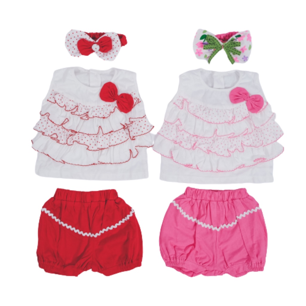 Baju Pesta Setelan Anak Bayi 9-12 Bulan Yukensi Celana Pendek Perempuan Cewek Model Rample Susun Ren