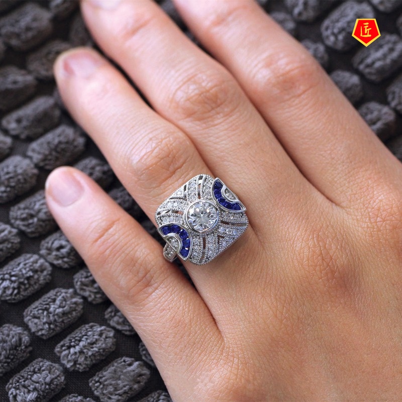 [Ready Stock]Retro Luxury Inlaid Blue Topaz Hollow Ring