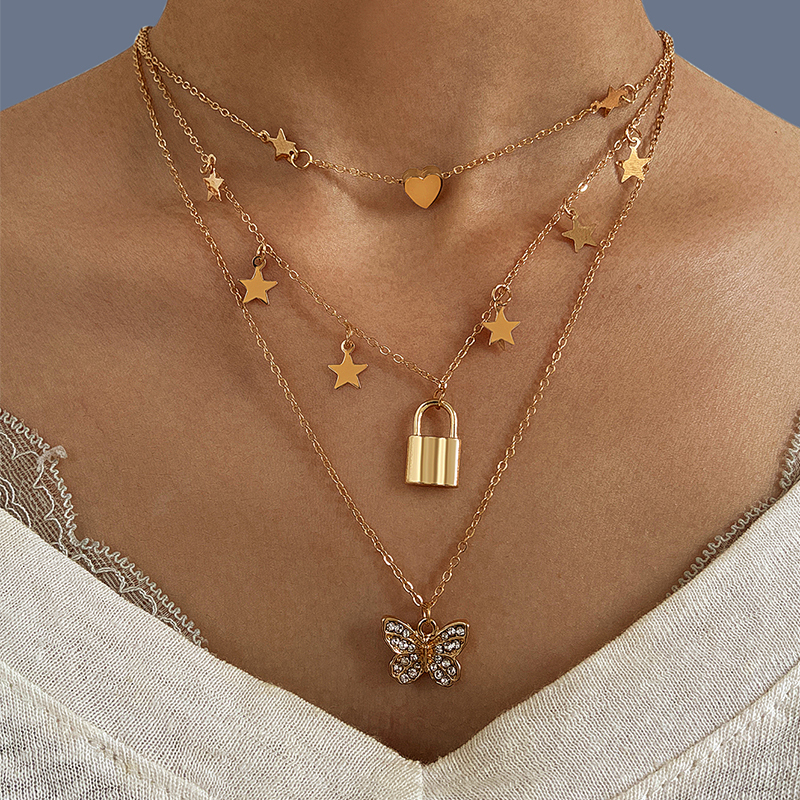 IFYOU Korean Retro Fashion Bohemian Gold Necklace Personality Lock Butterfly Pearl Pendant Multilayer Chain Choker Jewelry Accessories Gift