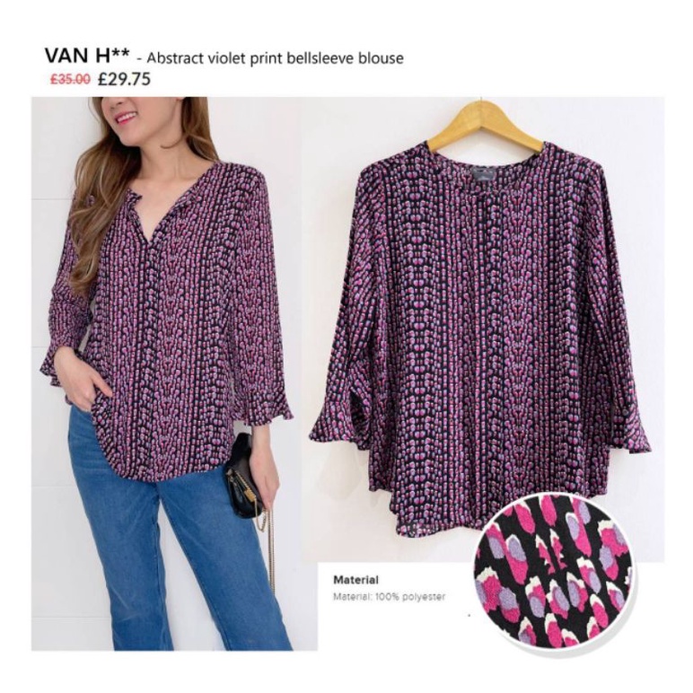 Van hous*n abstract violet print bellsleeve blouse