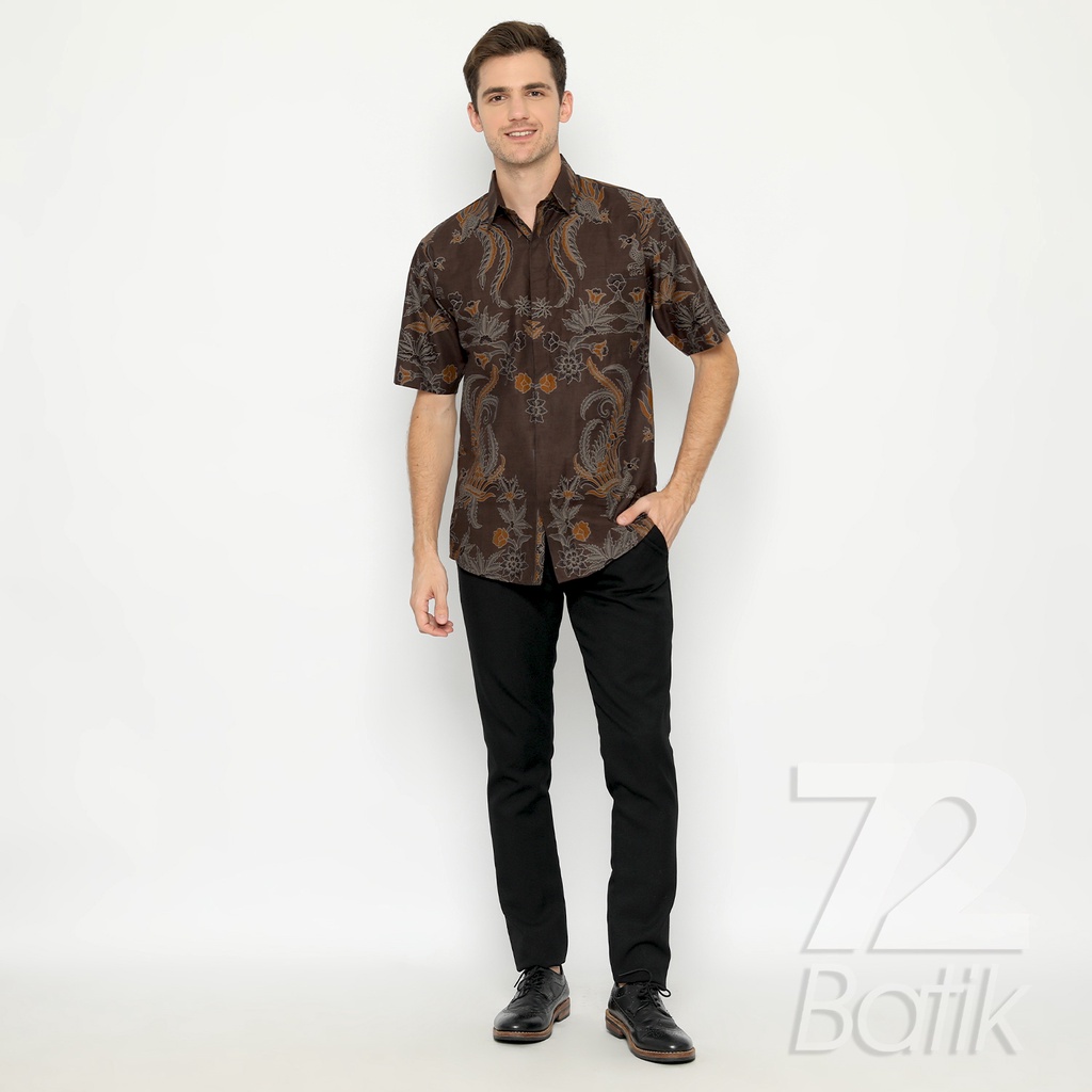 KEMEJA BATIK PRIA Slimfit Lengan Pendek Premium Warna Abu Tua Grey Gray 724357 Cap 72 - Baju Kemeja Atasan Pakaian Setelan Batik Pria Cowok Laki Laki Remaja Keluarga Kantor Lengan Pendek Modern Slimfit Slim Fit Premium Kekinian