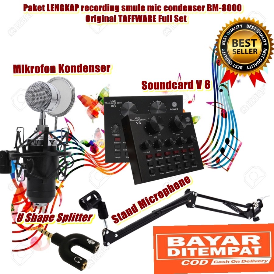 ( BAYAR DITEMPAT ) Paket LENGKAP recording smule mic condenser BM-8000 Original TAFFWARE Full Set
