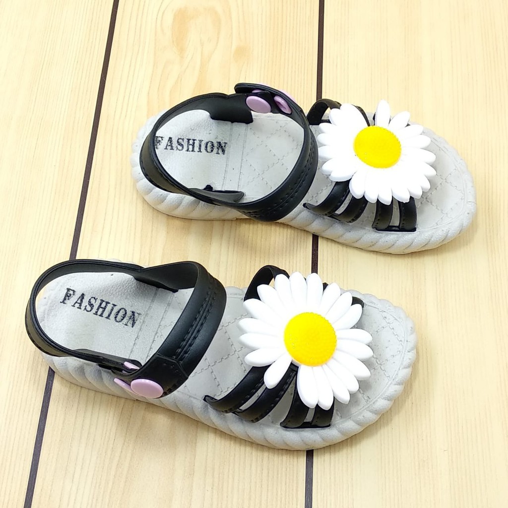 Sendal Anak Perempuan Usia 3 4 Tahun IMPORT HITAM - Sepatu Sandal Anak Cewek Elastis Motif Bunga Size 27 - 29 Karet Anti Licin