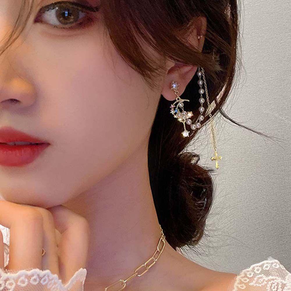 NEEDWAY Needway Klip Telinga Paduan Elegan Warna-Warni Berlian Imitasi Mutiara Rantai Telinga Tulang Klip Salib Liontin Rumbai Kristal Menjuntai Anting