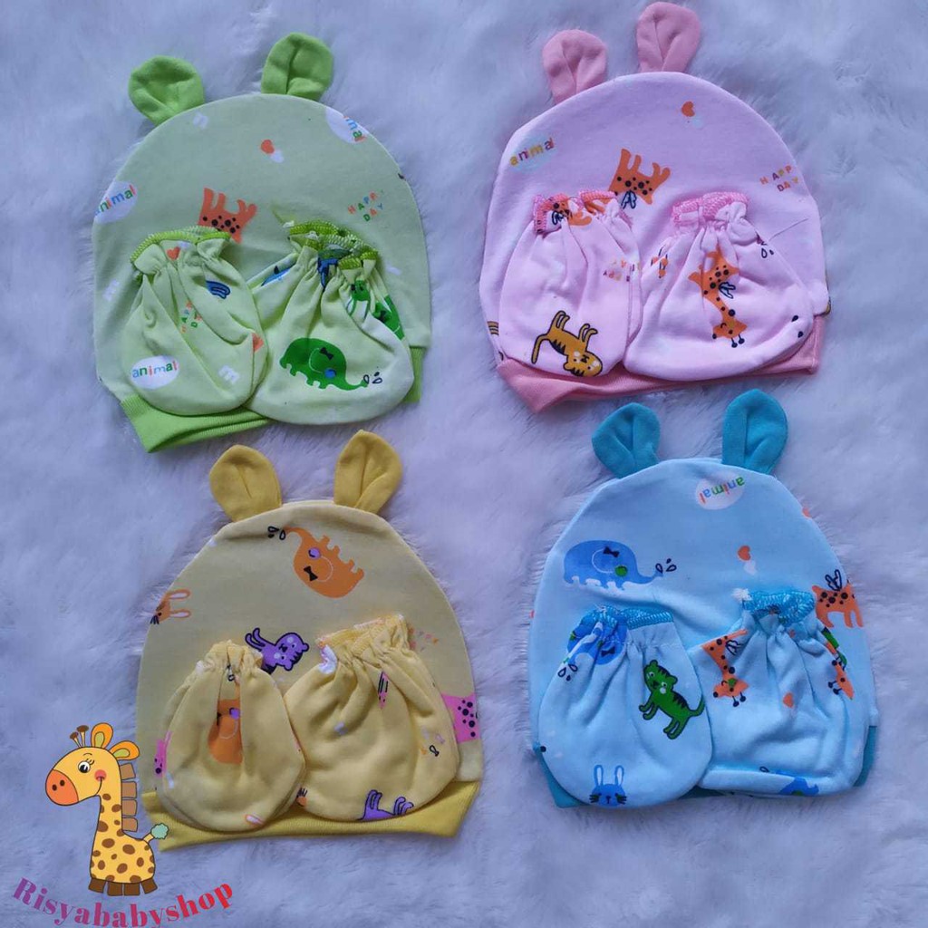 Topi set sarung tangan kaki bayi animal karakter new born | Risyababy collection