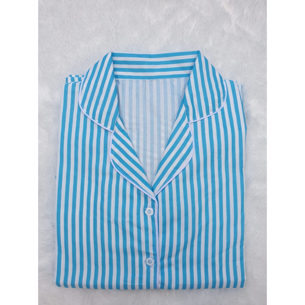 BJ-Piyama CP Wanita Dewasa Salur - Baju Tidur Lengan Pendek-Salur Biru