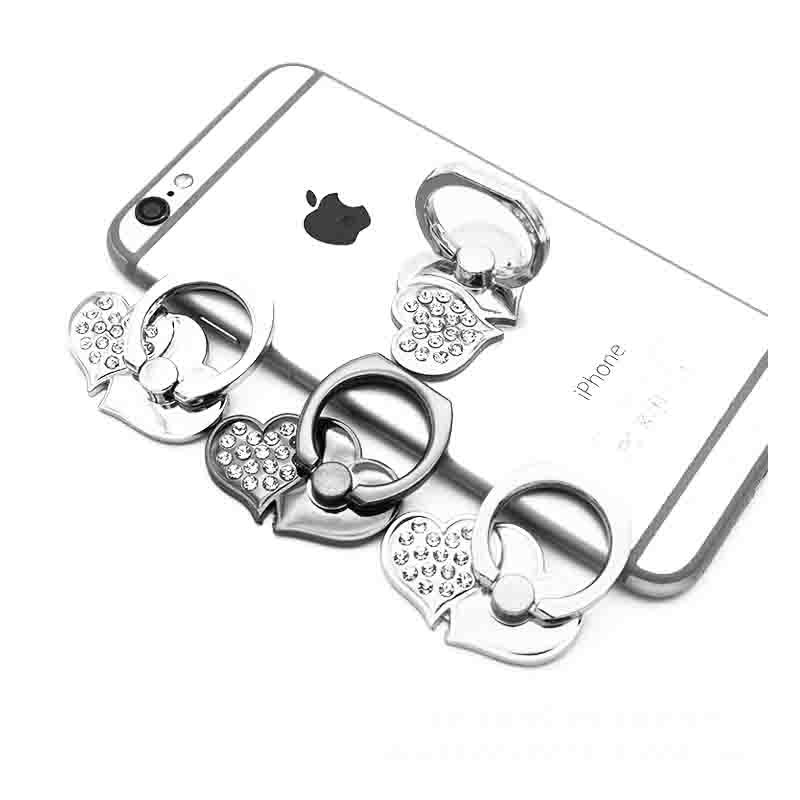 Heart-shaped Diamond Double Love Metal Ring Buckle with Diamond Back Stick Phone Stand