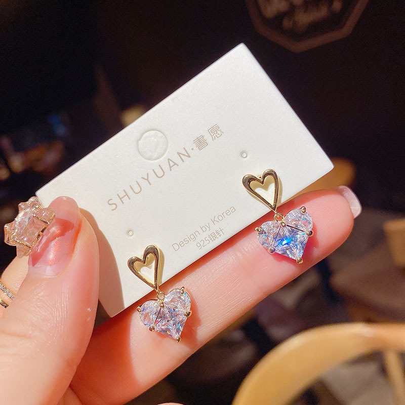 Anting Tusuk Silver Desain Hati Hias Zircon Gaya Korea Untuk Wanita