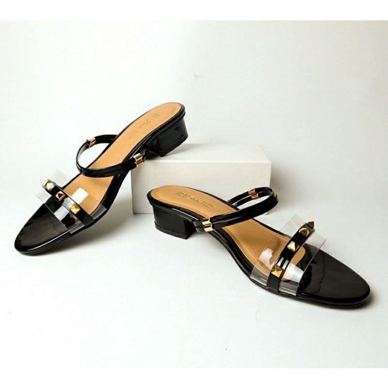 Sandal Heels Wanita 0157VZ Black VLTN Sendal Slop Big Size 41-45 Slop Kaca Pesta Size JUMBO Hitam, 42