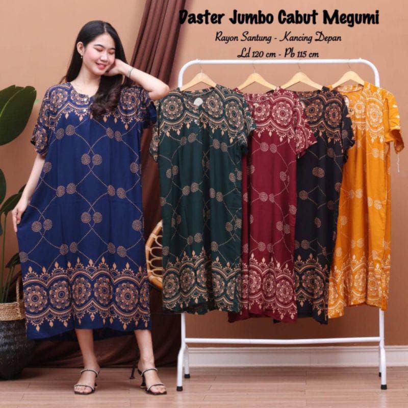 DASTER JUMBO LD 120 CM KANCING DEPAN BUSUI BUMIL BAHAN  SANTUNG RAYON HALUS ADEM BAJU TIDUR IBU LENGAN PENDEK BANYAK MOTIF-DSJ MEGUMI