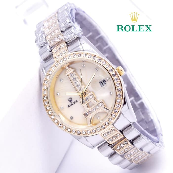 Promo Jam Tangan Wanita Cewek Rolex Paris rantai Kombi Full Gold Termurah