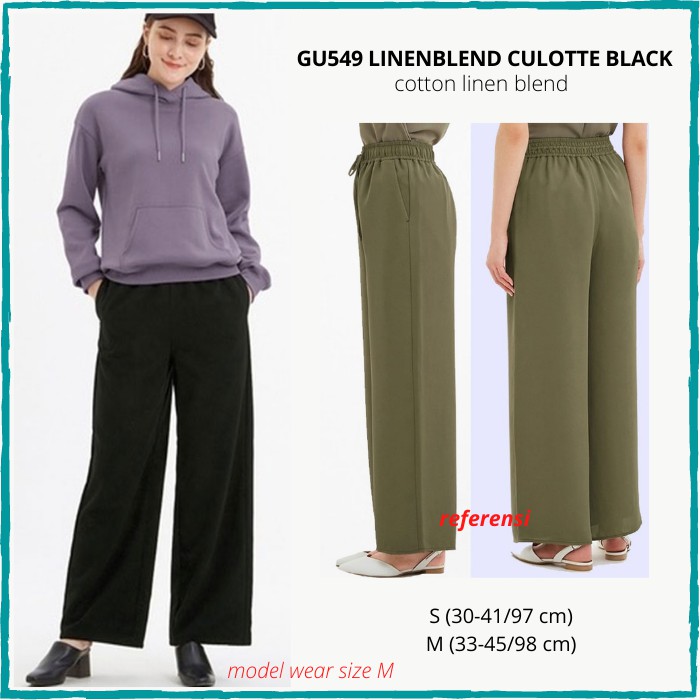 Celana Kulot Wanita Murah GU by Uniqlo 549 Linenblend Black/ GU by Uniqlo 780 Widecrop Stripe 2Warna