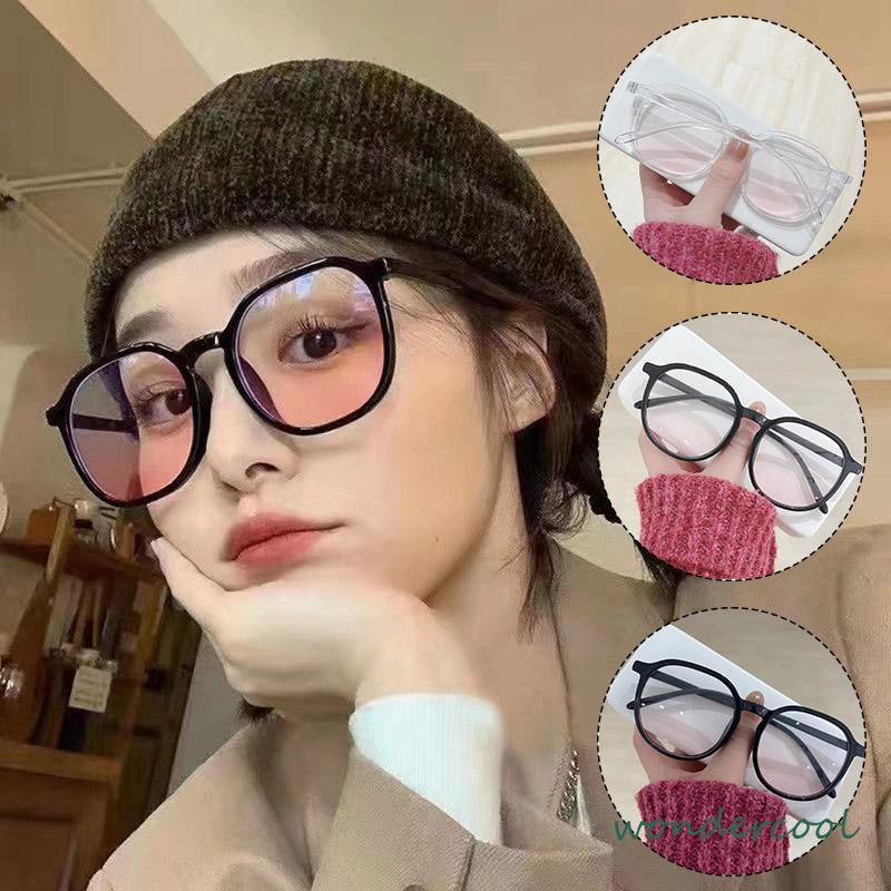 Gradien Pink Blush Glasses Perempuan Anti-biru Warna Cahaya Mengubah Kacamata Bingkai Besar-Won