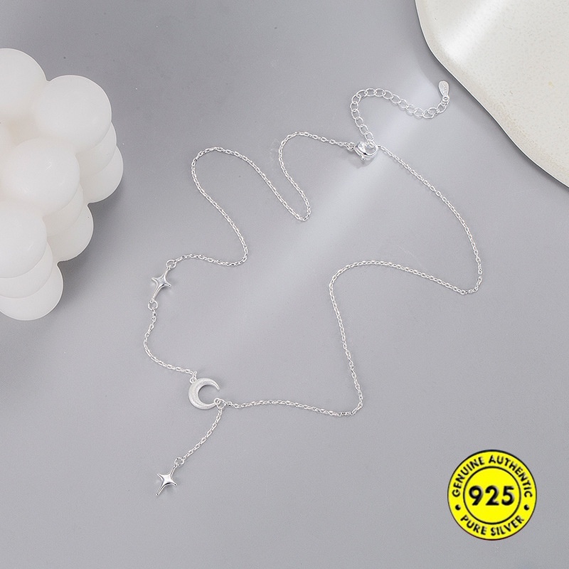 Kalung Rantai Sterling Silver 925 Dengan Liontin Bulan Sabit + Rumbai Untuk Wanita