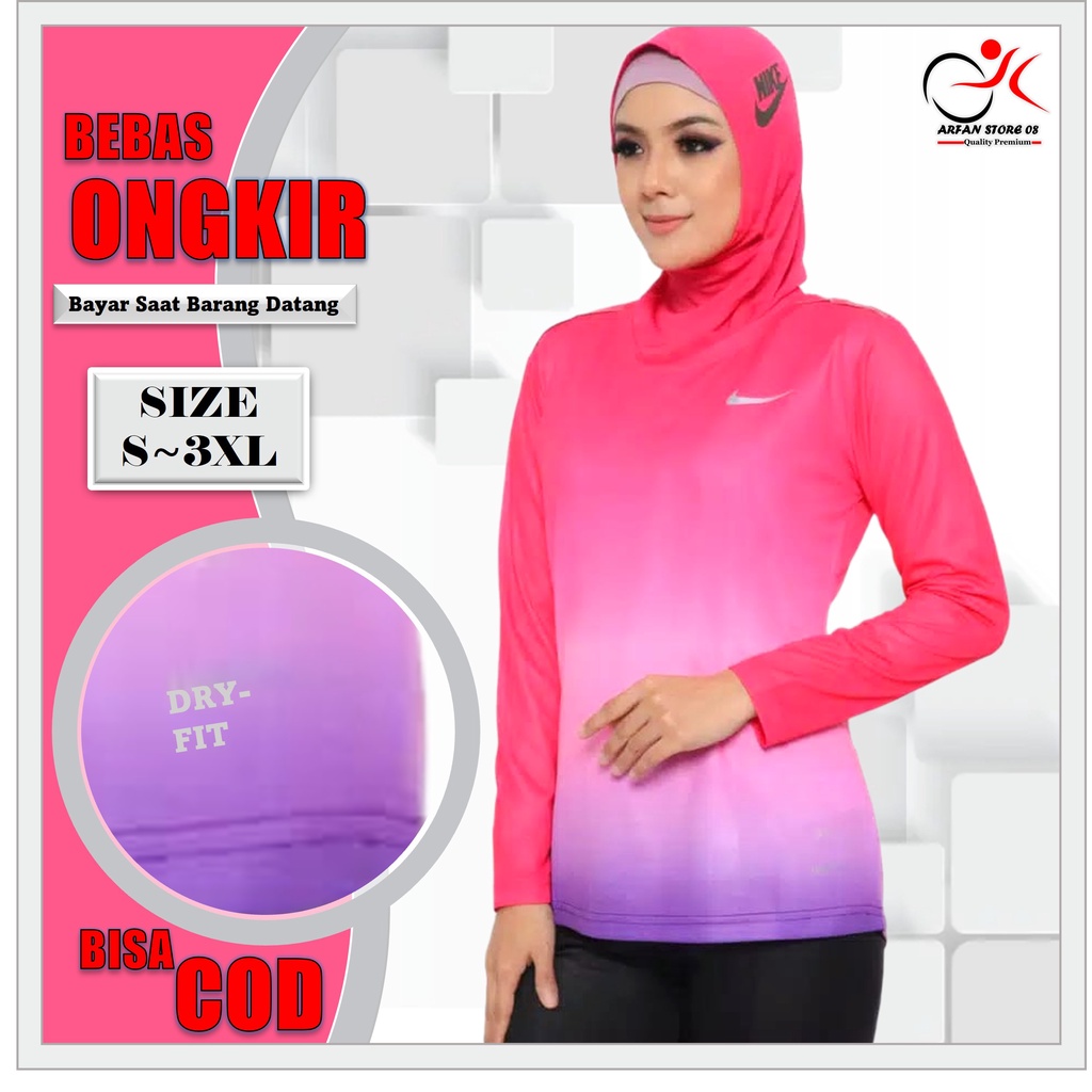 Baju Olahraga Wanita Muslimah Senam Aerobic Sepeda Kaos Outfit Gym Hijab Jogging Gowes Running Dry F