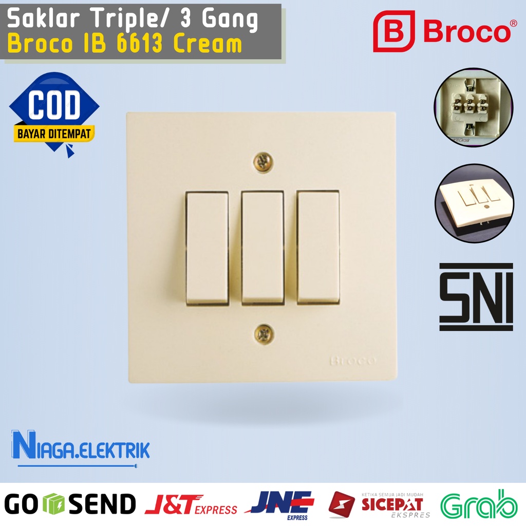 Saklar listrik triple tanam isi 3 tombol tiga cetreken Sakelar tekan Inbow IB tembok tanam Merk BROC