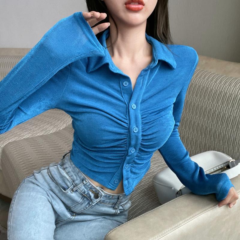 Murni Desire Gadis Panas Pinggang Tinggi Pendek Polo Kerah Bottoming Cardigan Wanita Lengan Panjang Top Musim Gugur dan Musim Dingin Desain Rasa