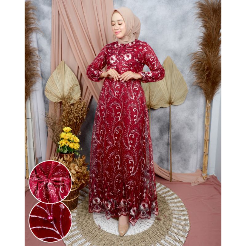 gamis brokat tule terbaru / gamis kondangan / gamis full tule / gamis mewah / baju pesta muslim