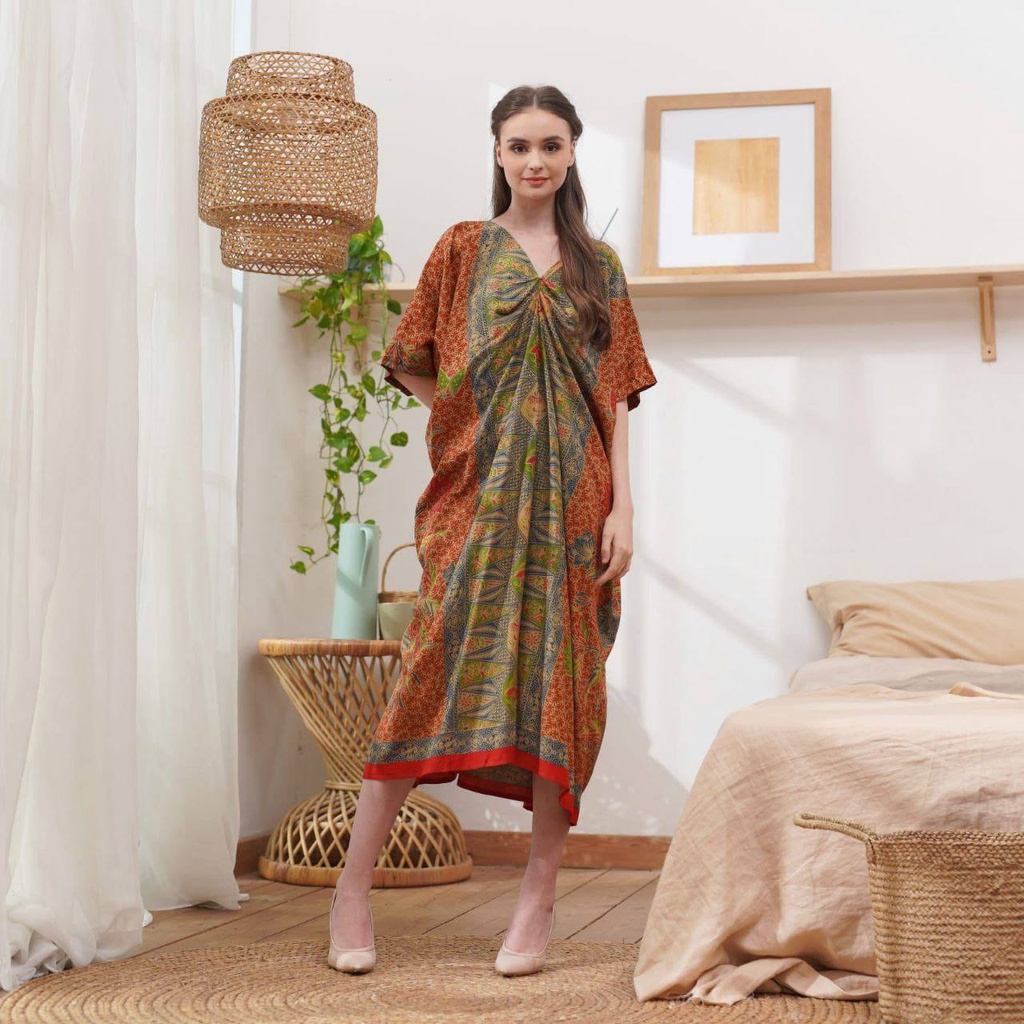 Pritaloka Kaftan Wanita Jumbo Rayon Handprint Halusan Premium Gamis Terbaru Batik Dress Bigsize Baju Muslim Kekinian LD 160 cm