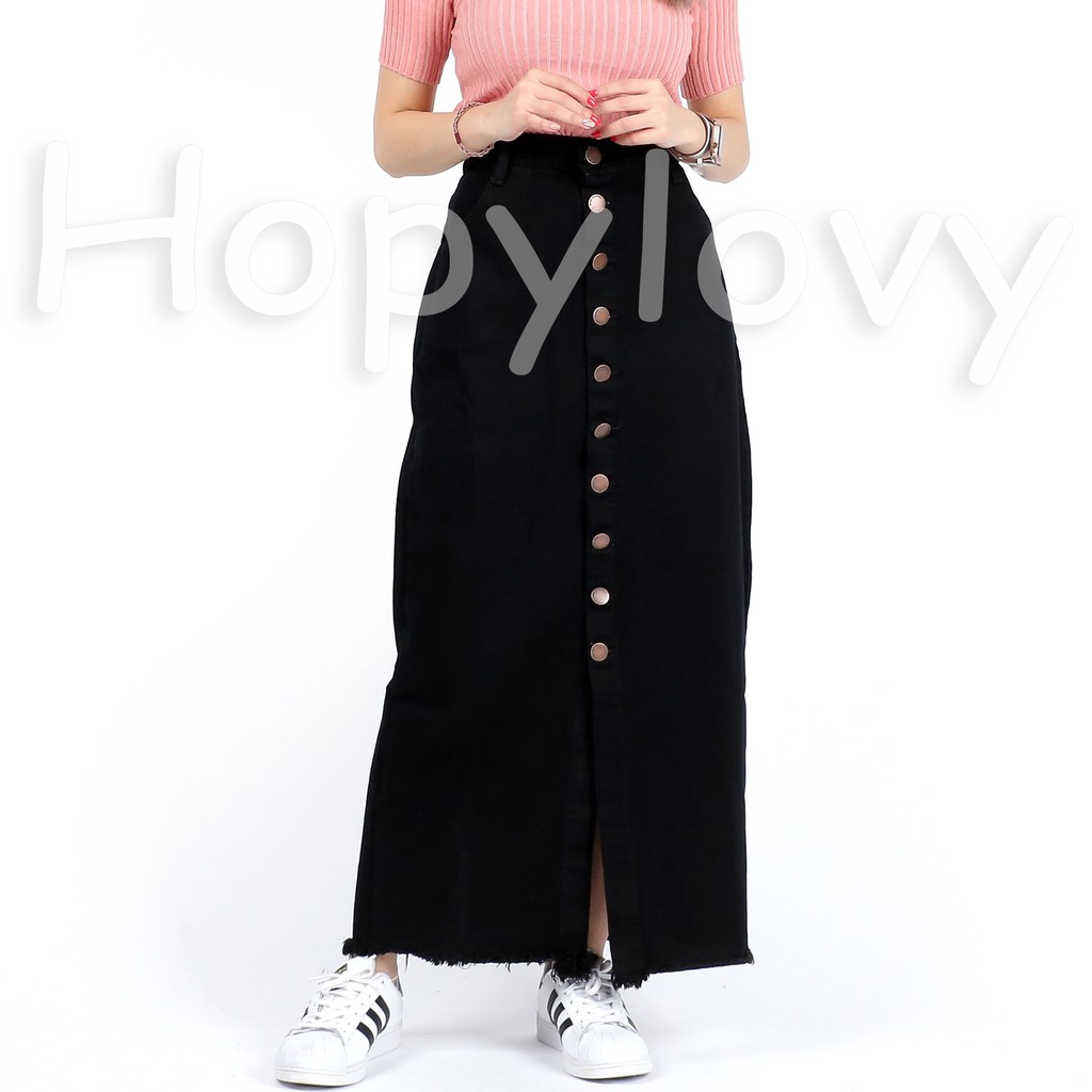 HOPYLOVY - Rok Jeans Panjang Wanita Kancing Depan Belah Front Slit Caca-HITAM - Rok Caca