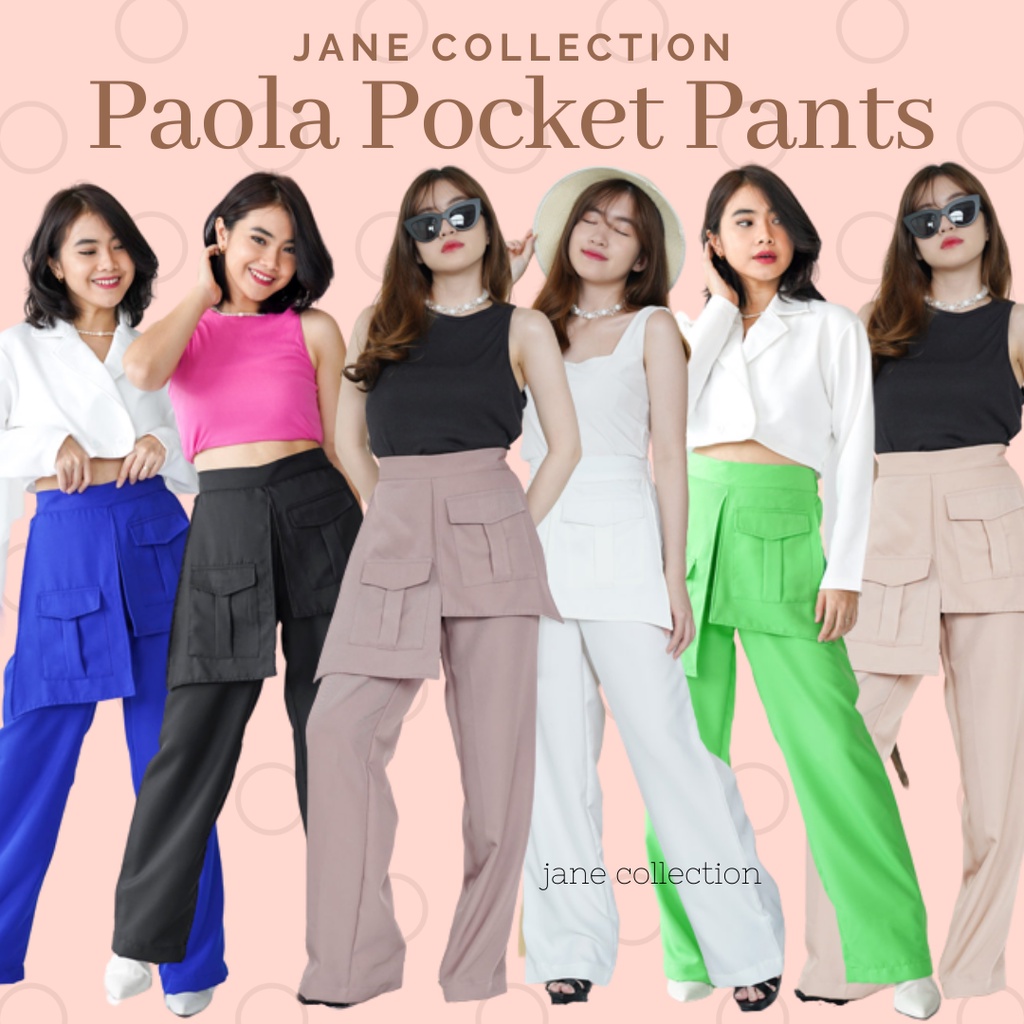 JANE COLLECTION ||  Celana Panjang Kulot Kantong Depan Pinggang Karet Celana Kain Wanita Cullotes Pants Lurus Cewek Ukuran L XL Kasual Kekinian - Paola Pocket Pants