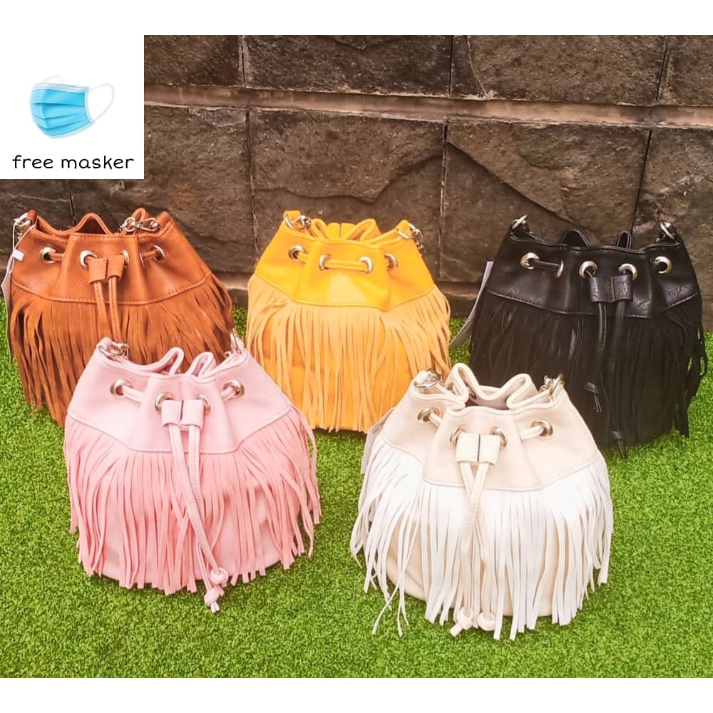 Tas selempang wanita serut rumbai tali ratai + tali polos panjang (5 warna) #022