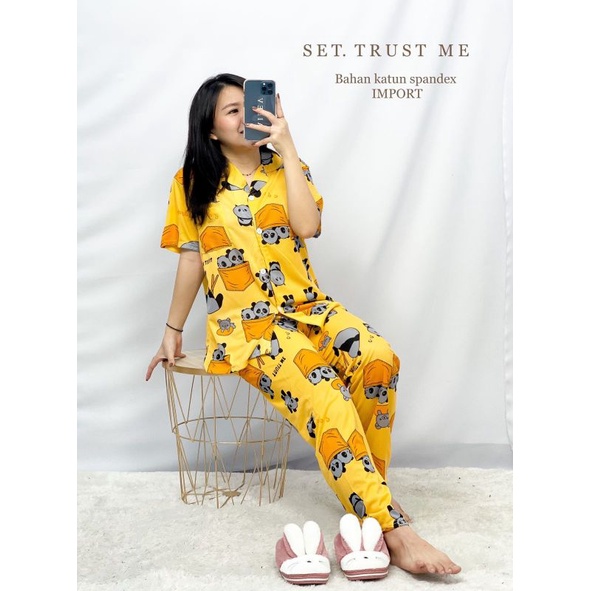 MDLV ~ Baju Tidur Set Trust Me CP Set Baju Tidur Dewasa Motif Panda celana Panjang Fashion Wanita