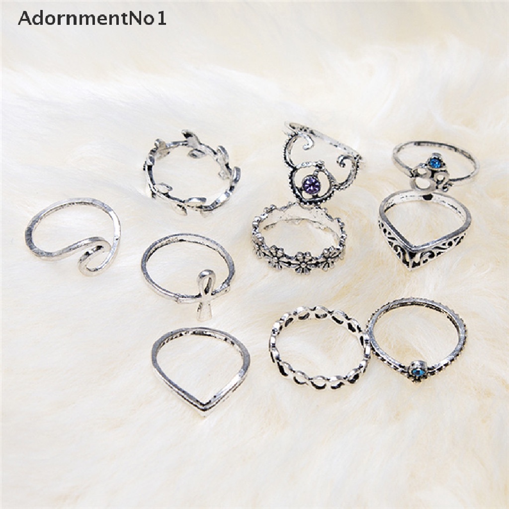 (AdornmentNo1) 10pcs / Set Cincin Knuckle Desain Daun / Geometri / Infinity Hollow Hias Kristal Gaya Unik Untuk Wanita