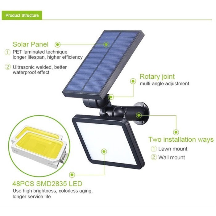 Lampu sorot taman tenaga surya dinding pagar solar cell 48 Led 960Lm D