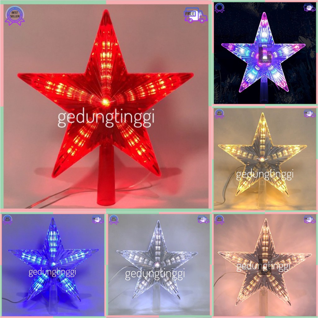 Lampu Bintang Natal Hiasan Dekorasi Topper Hias Pohon Christmas Tree Light Lights Led Decoration Decor Ornament Warna Warni Warm White Kuning Pink RGB Biru Ribbon Lamp Musik Diy Baterai Selang Tumblr Tirai Kawat Rusa Salju Pintu Dinding Rumah Gereja 2023