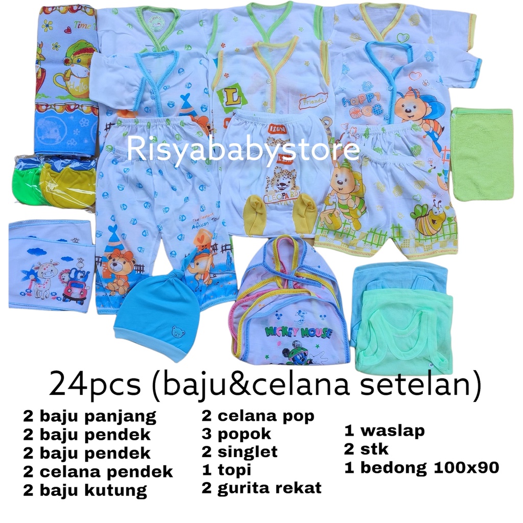 24 pcs perlengkapan bayi lengkap ekonomis / pakaian bayi newborn hemat / kaos dalam sarung tangan kaki baju dan celana bayi