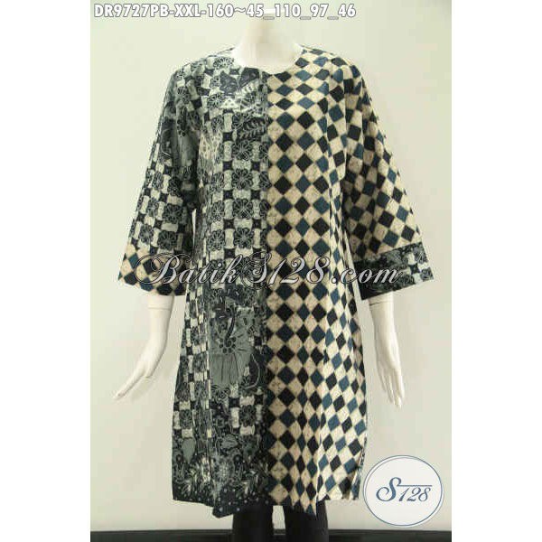 Dress Batik Solo Spesial Wanita Gemuk Ukuran XXL, Paduan 2 Motif Pakai Resleting Belakang DR 9727 PB