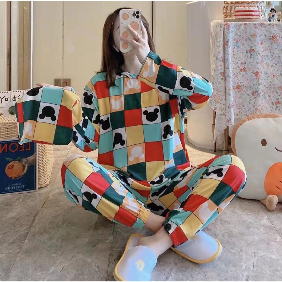 AJW Shop Setelan Wanita Import Joger | Setelan Baju Tidur Wanita | Piyama Wanita-Mickey Kotak