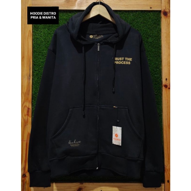 Sweater Hoodie Zipper Resleting Pria Distro Original Kachios Hitam Bahan Fleece Jaket Terlaris