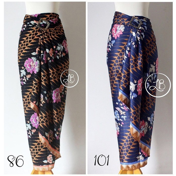 BARU ROK LILIT SEMI SUTRA MOTIF BATIK BIRU & HITAM ROK MIDI