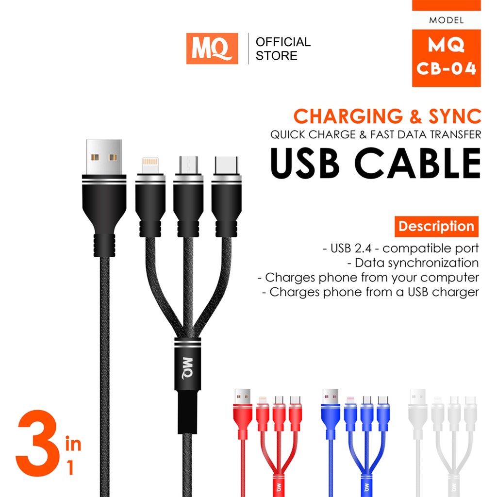 MQ Max 3A Lightning/ Android Kabel Data USB 3 in 1 Fast Charger iOS + Micro USB + Type C Quick Chargre 1.2M Nylon Braided