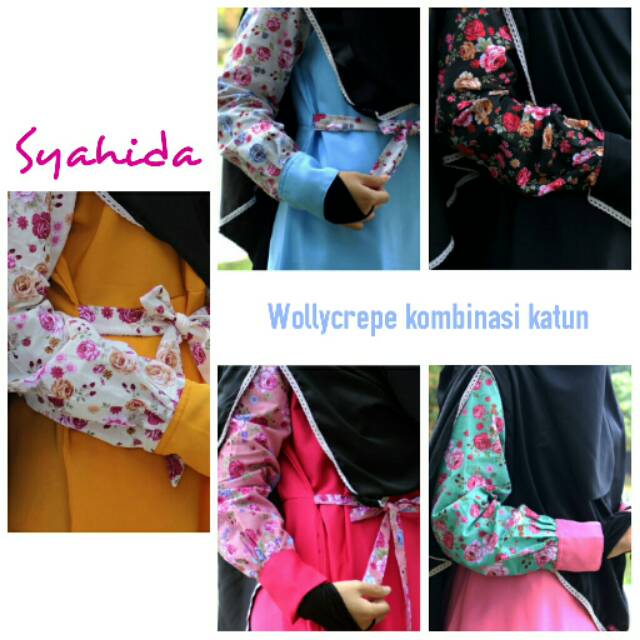 Gamis Syahida Wollycrepe Kombinasi Katun Risleting depan Busui Menyusui Bunga Shabby Polos Bagus